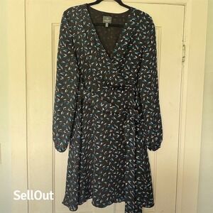 Adrianna Papell Women's Size 16 Ditsy Feather Print Faux Wrap Dress